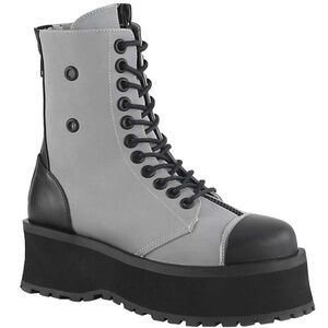 DEMONIA | Gravedigger reflective grey/blk steel toe platform 10 ete combat boots